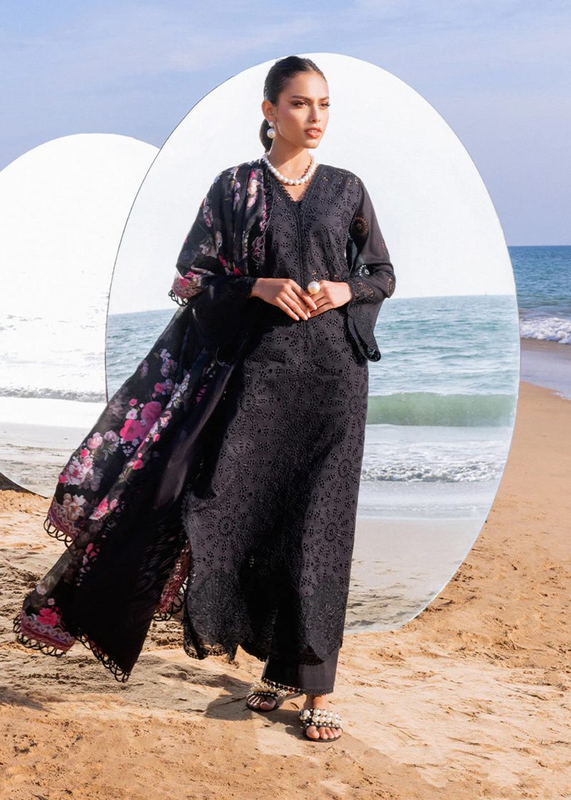 Zainab Chottani Chickankari Luxury Lawn | Z Black | Unstitched | Party wear | Embroidered Digital Printed Dupatta on Chiffon | KANZA – 5A