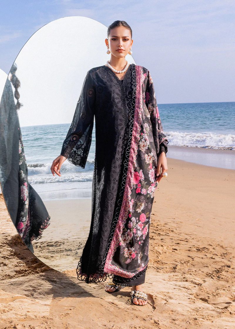 Zainab Chottani Chickankari Luxury Lawn | Z Black | Unstitched | Party wear | Embroidered Digital Printed Dupatta on Chiffon | KANZA – 5A