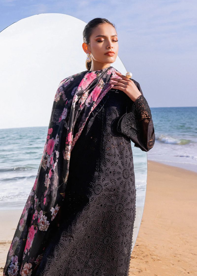 Zainab Chottani Chickankari Luxury Lawn | Z Black | Unstitched | Party wear | Embroidered Digital Printed Dupatta on Chiffon | KANZA – 5A