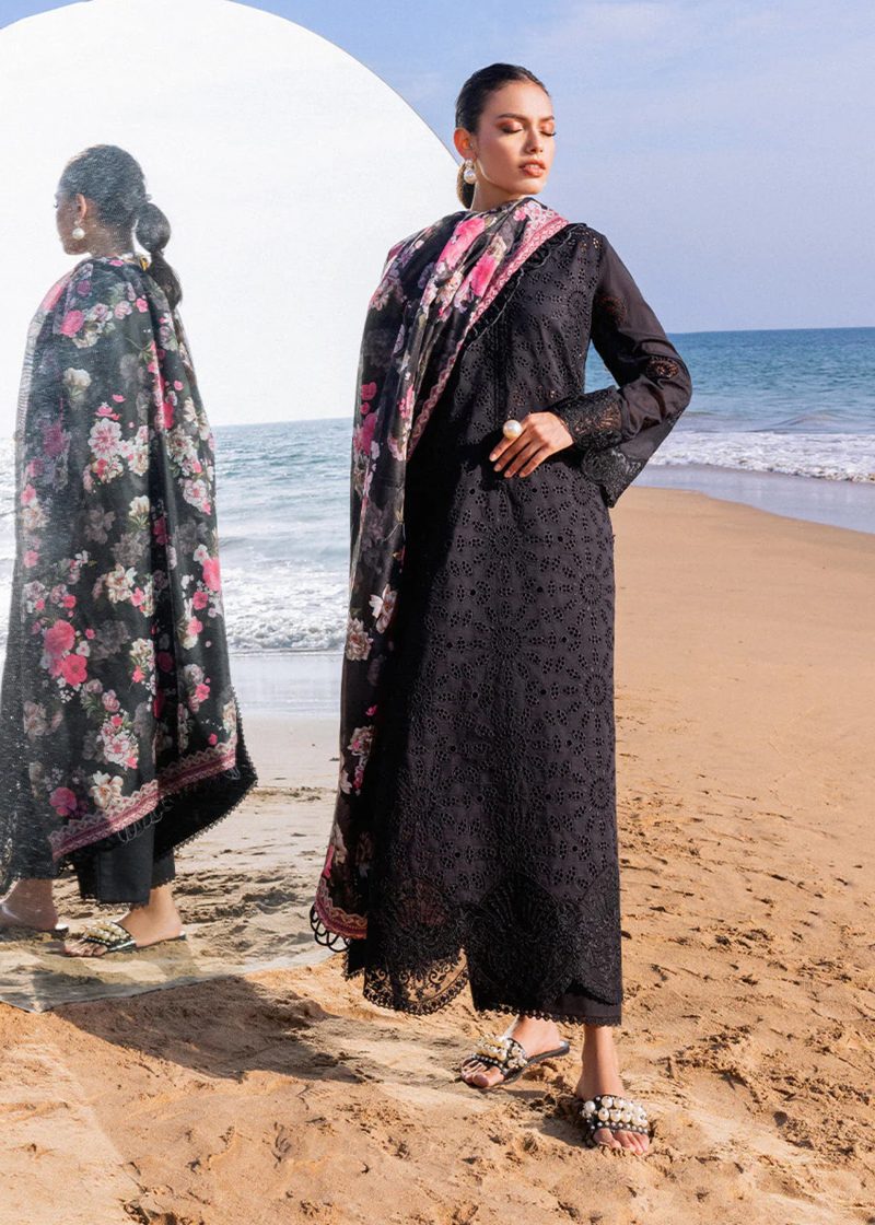 Zainab Chottani Chickankari Luxury Lawn | Z Black | Unstitched | Party wear | Embroidered Digital Printed Dupatta on Chiffon | KANZA – 5A