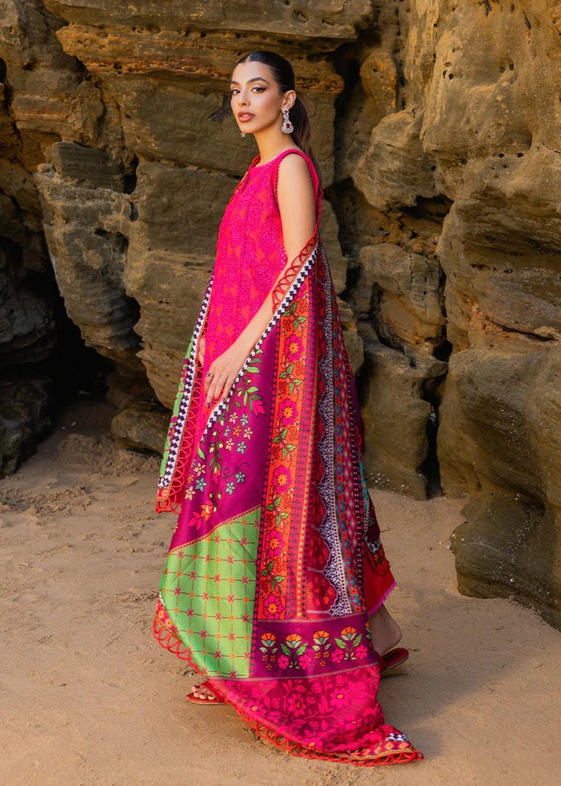 Zainab Chottani Chickankari Luxury Lawn | Red | Unstitched | Party wear | Embroidered Digital Printed Dupatta on Chiffon | LAALI - 6B