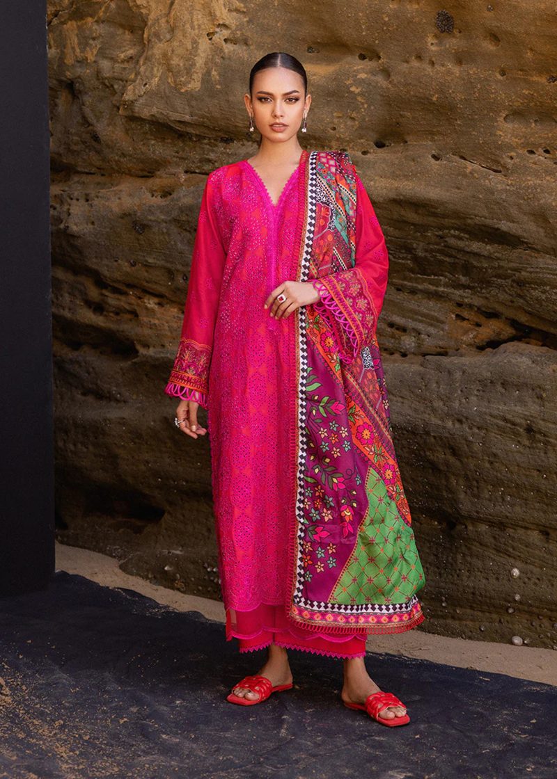 Zainab Chottani Chickankari Luxury Lawn | Red | Unstitched | Party wear | Embroidered Digital Printed Dupatta on Chiffon | LAALI - 6B