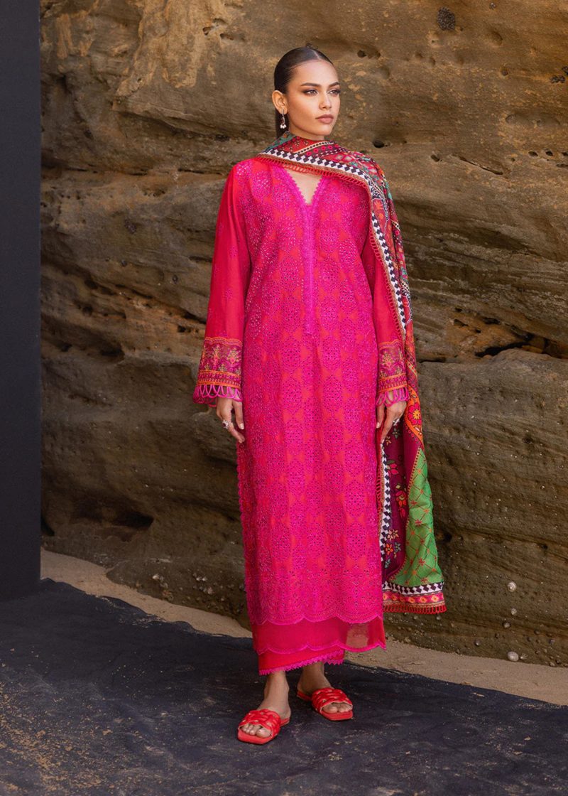 Zainab Chottani Chickankari Luxury Lawn | Red | Unstitched | Party wear | Embroidered Digital Printed Dupatta on Chiffon | LAALI - 6B