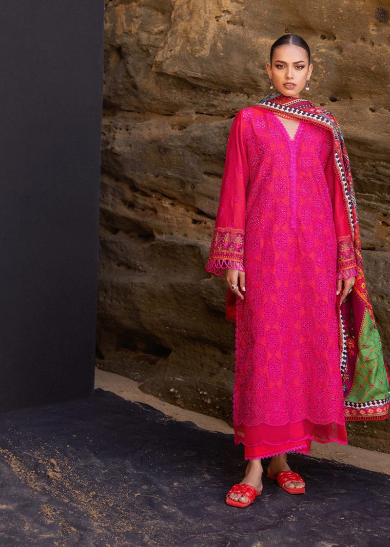 Zainab Chottani Chickankari Luxury Lawn | Red | Unstitched | Party wear | Embroidered Digital Printed Dupatta on Chiffon | LAALI - 6B