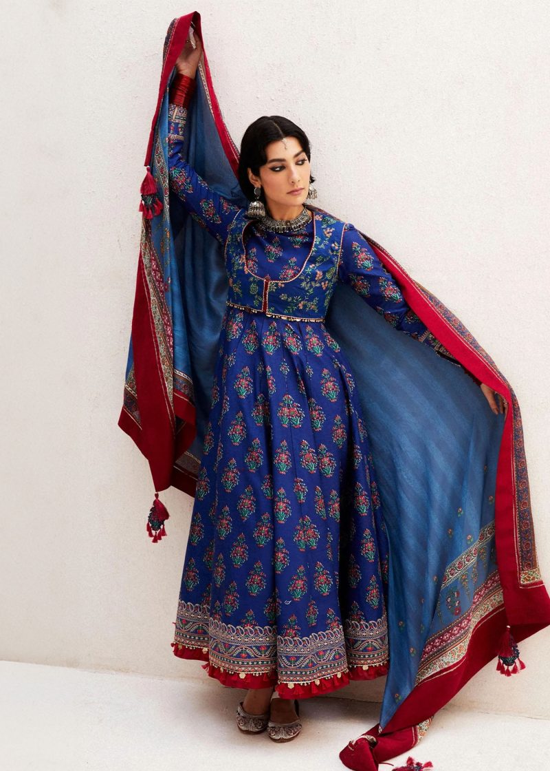 Zara Shahjahan Lawn | Dark Blue | Unstitched | Wedding wear | embroidered Organza Dupatta | ANARKALI-11A