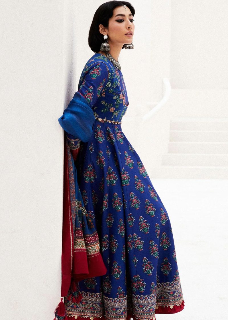 Zara Shahjahan Lawn | Dark Blue | Unstitched | Wedding wear | embroidered Organza Dupatta | ANARKALI-11A