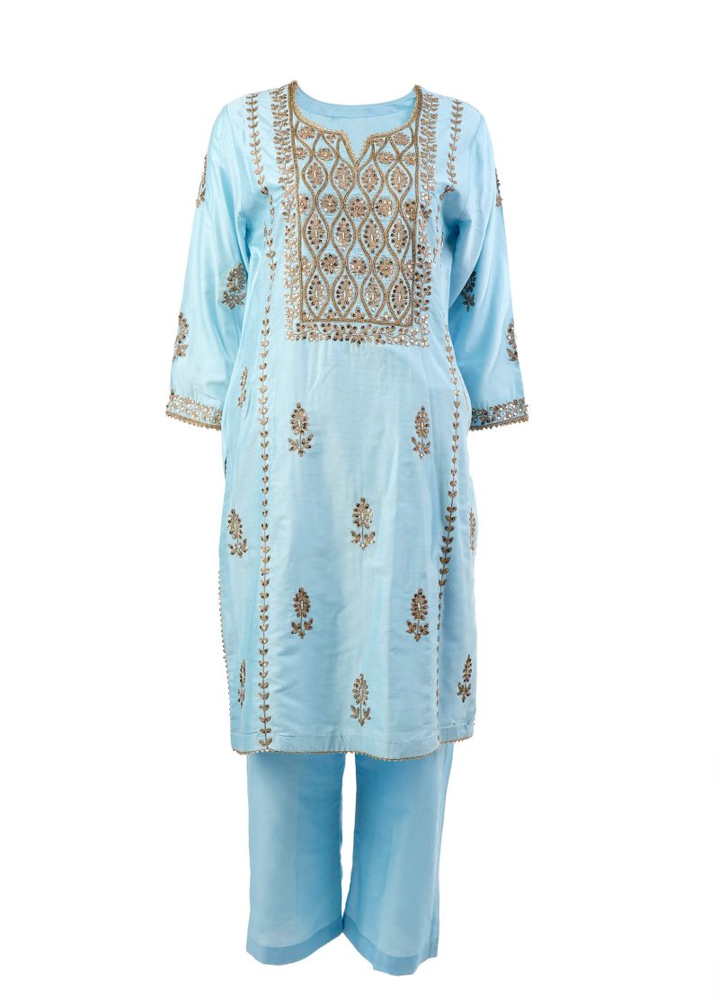 Sonia Ahuja | Ferozi | Stitched | Designer Wear | Kurta Dupatta Garara | 3 PC Set