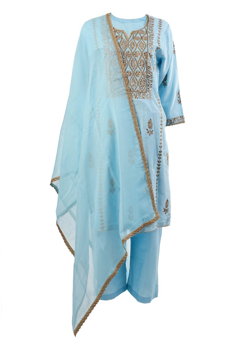 Sonia Ahuja | Ferozi | Stitched | Designer Wear | Kurta Dupatta Garara | 3 PC Set