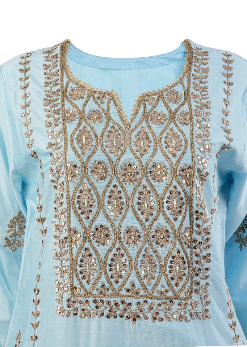 Sonia Ahuja | Ferozi | Stitched | Designer Wear | Kurta Dupatta Garara | 3 PC Set