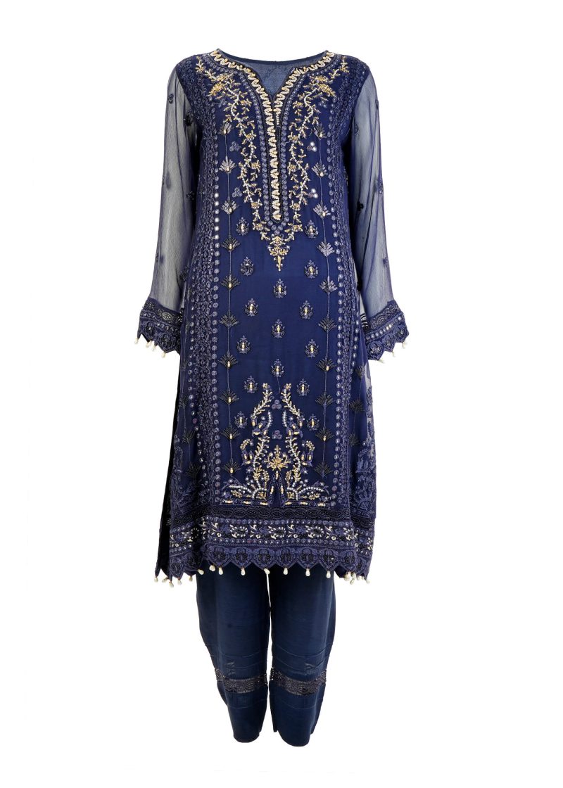 Aagha Noor | Navy Blue | Stitched | Party Wear | kurta set | 3 pc set