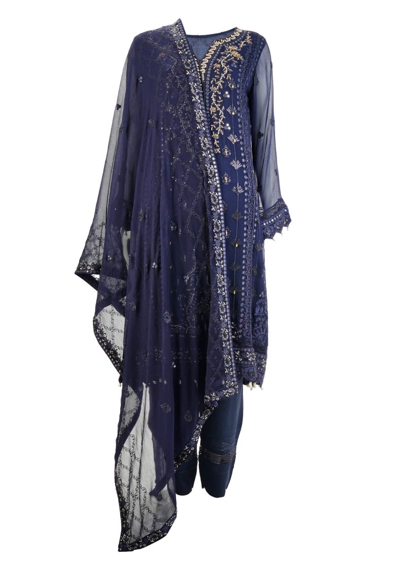 Aagha Noor | Navy Blue | Stitched | Party Wear | kurta set | 3 pc set