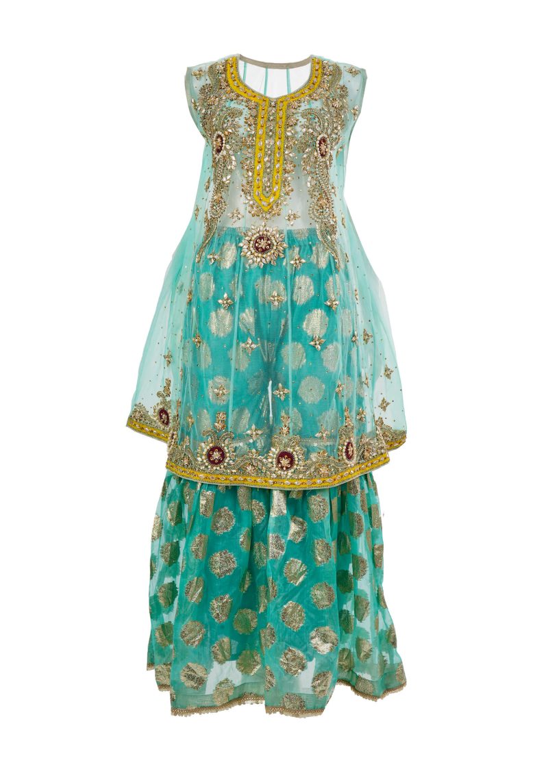 Fancy Gota | Blue | Stitched | Party Wear | Kurta Dupatta Garara | 3 pc set