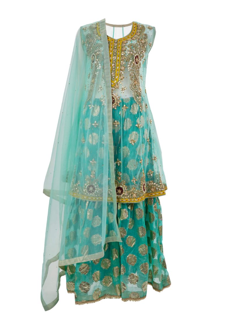 Fancy Gota | Blue | Stitched | Party Wear | Kurta Dupatta Garara | 3 pc set