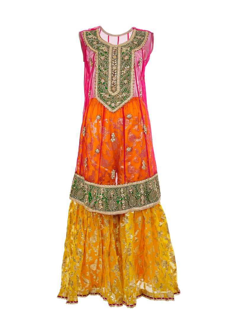 Fancy Gota | Red | Stitched | Party Wear | Kurta Dupatta Garara | 3 pc set