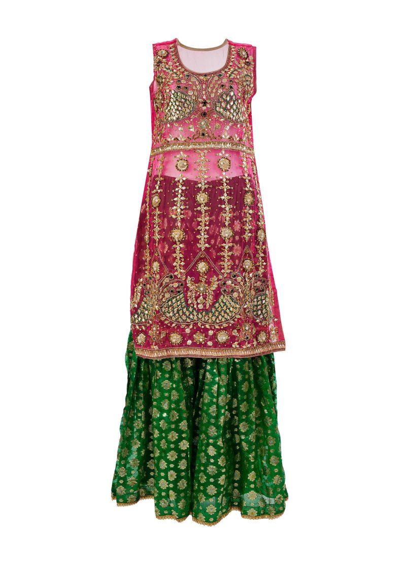 Fancy Gota | RED GREEN | Semi Stitched | Party Wear | Kurta Dupatta Garara | 3 pc set