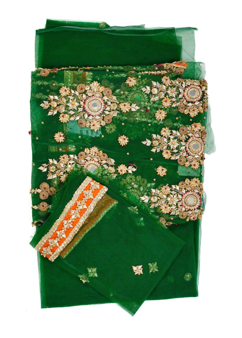 Fancy Gota | Dark Green Unstitched | Party Wear | Kurta Dupatta | 2 pc set