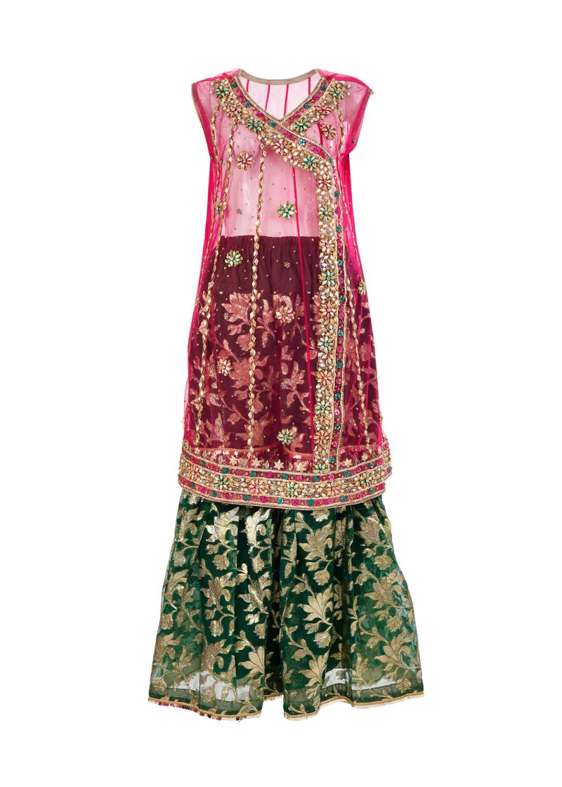 Fancy Gota | Red Green | Stitched | Party Wear | Kurta Garara | 2 pc set
