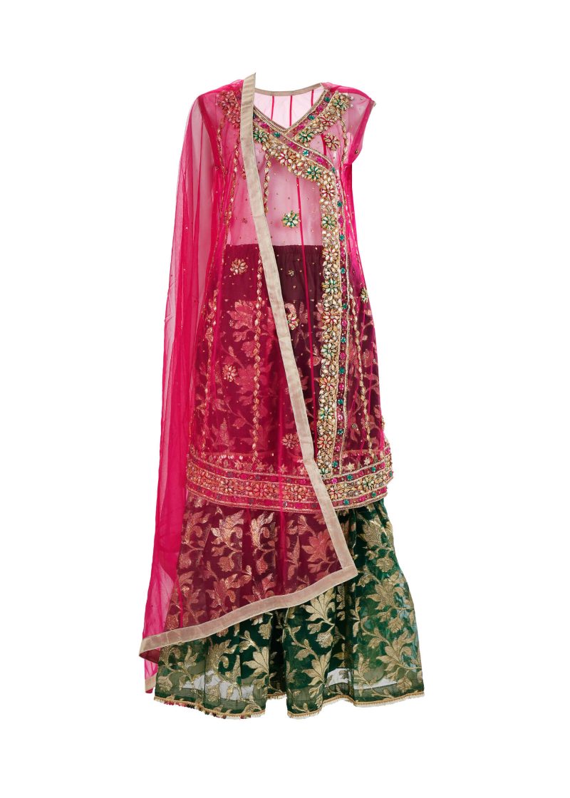 Fancy Gota | Red Green | Stitched | Party Wear | Kurta Garara | 2 pc set