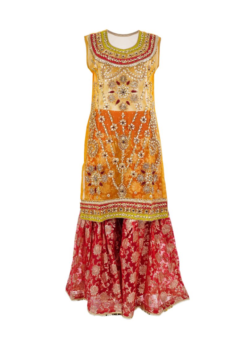 Fancy Gota | Mustard Red | Stitched | Party Wear | Kurta Dupatta Gararaa | 3 pc set