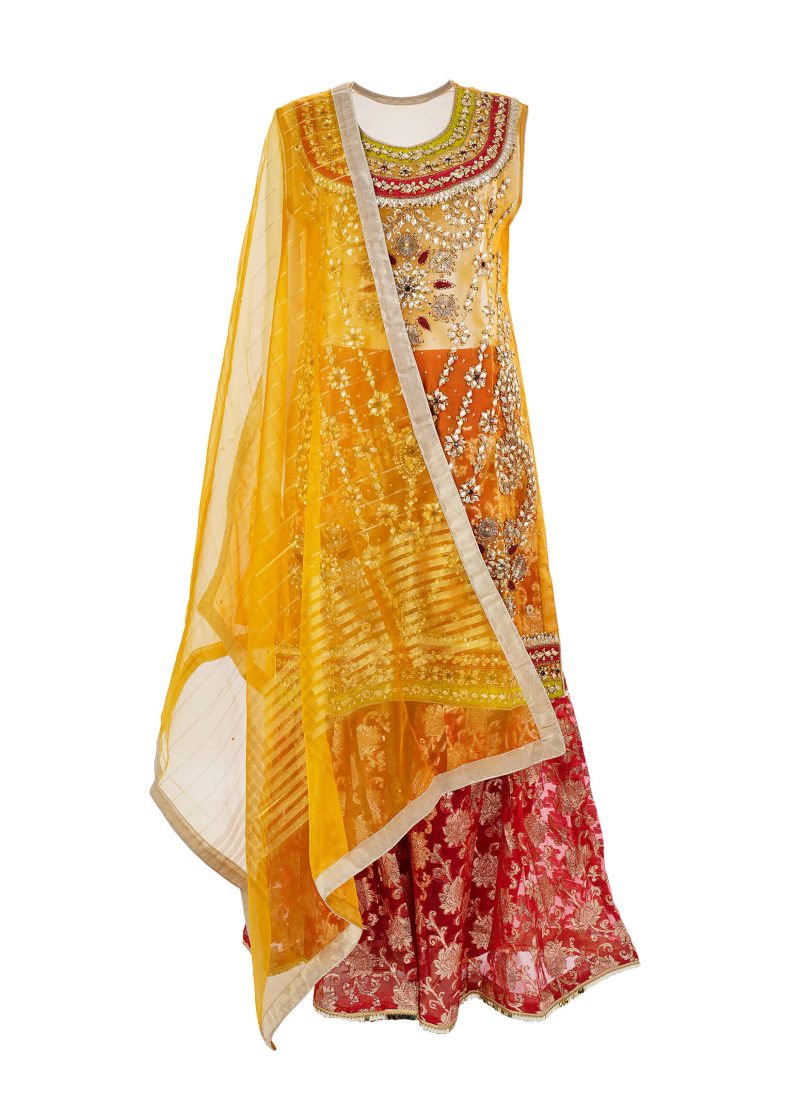 Fancy Gota | Mustard Red | Stitched | Party Wear | Kurta Dupatta Gararaa | 3 pc set