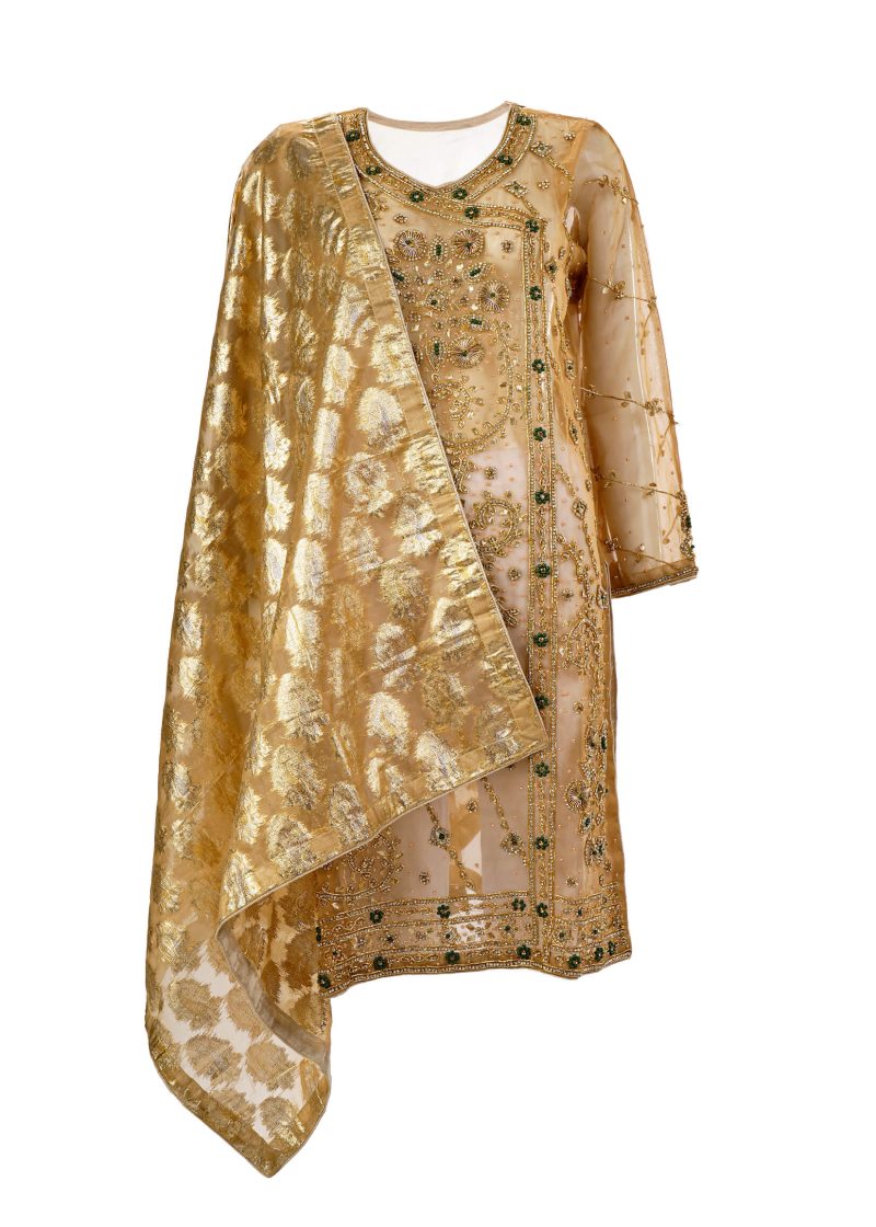 Fancy Gota | Golden Beige | Semi Stitched | Party Wear | Kurta Dupatta | 2 pc set