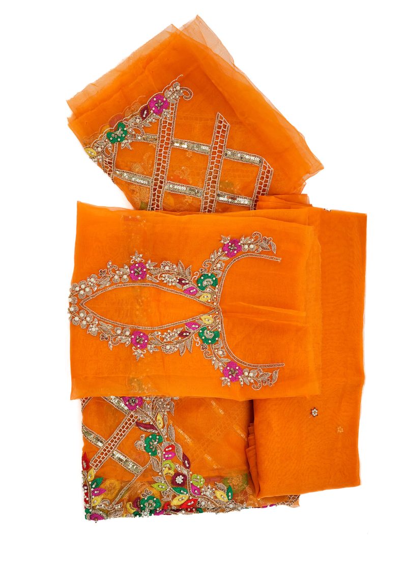Fancy Gota | Orange | Unstitched | Party Wear | Kurta Dupatta | 2 pc set