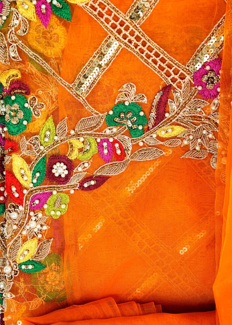 Fancy Gota | Orange | Unstitched | Party Wear | Kurta Dupatta | 2 pc set
