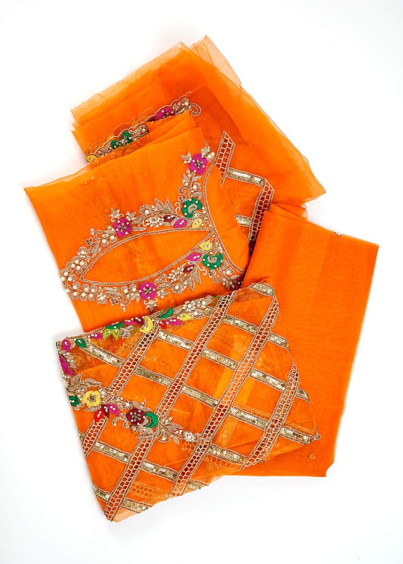 Fancy Gota | Orange | Unstitched | Party Wear | Kurta Dupatta | 2 pc set