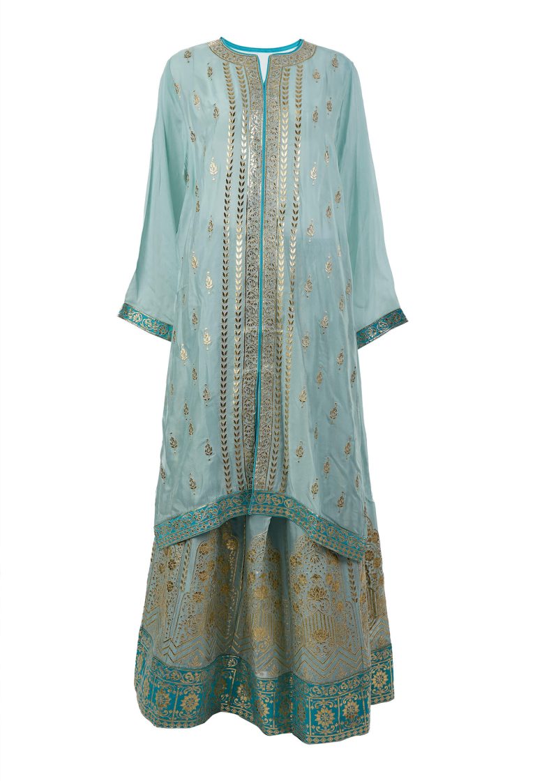 INDO WESTERN | Sky Blue | Semi Stitched | Party Wear | Lehenga Set | 3 Pc Set