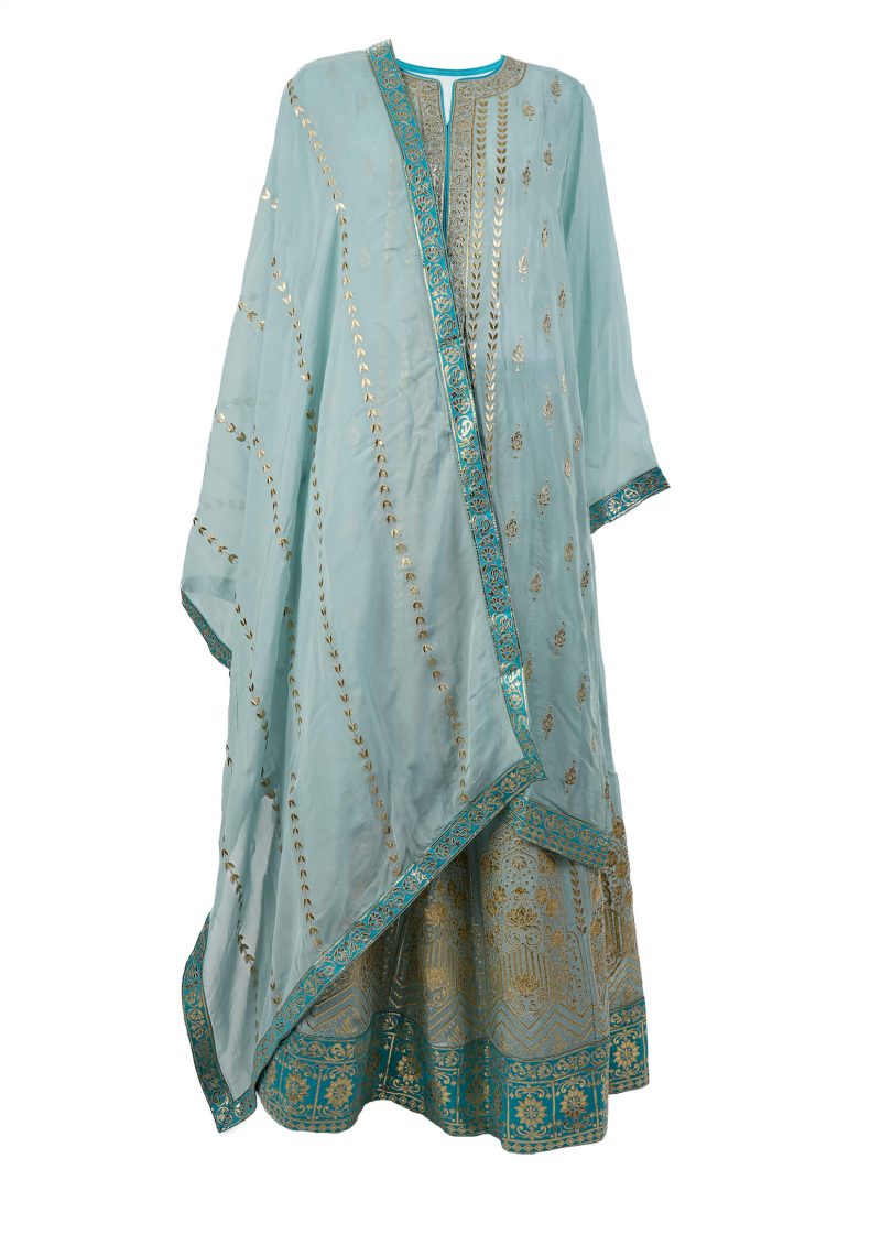 INDO WESTERN | Sky Blue | Semi Stitched | Party Wear | Lehenga Set | 3 Pc Set