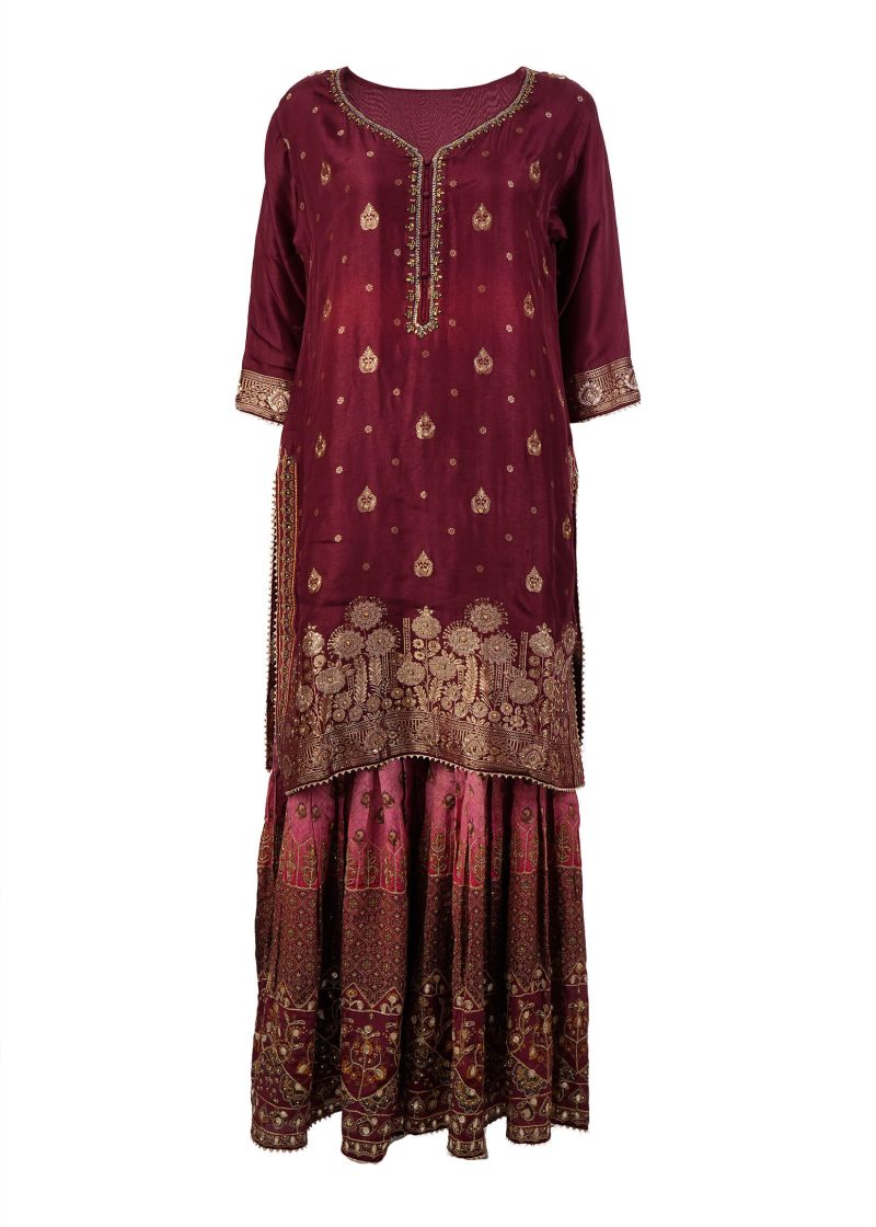 Indo Western | Maroon | Stitched | Party Wear | Garara Kurti Set | 3 Pc Set