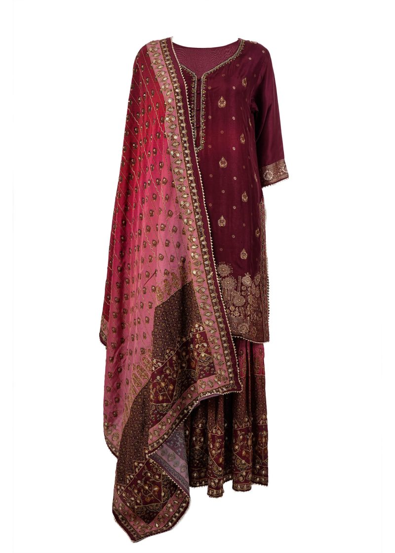 Indo Western | Maroon | Stitched | Party Wear | Garara Kurti Set | 3 Pc Set