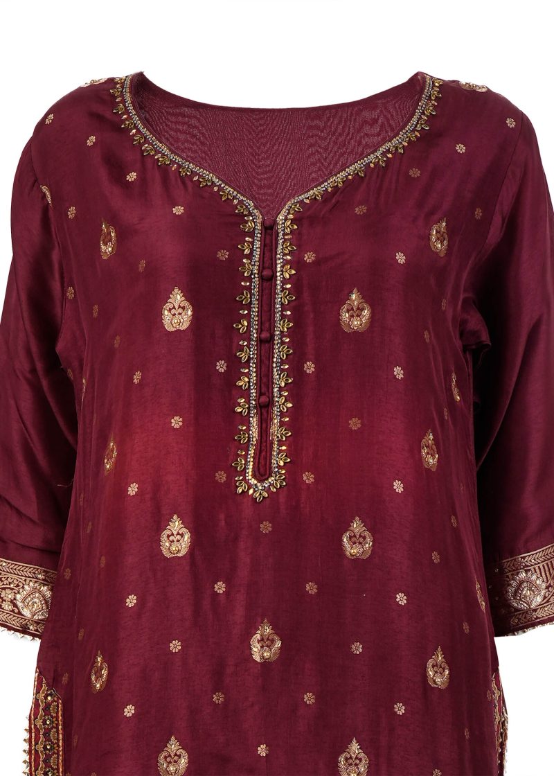 Indo Western | Maroon | Stitched | Party Wear | Garara Kurti Set | 3 Pc Set