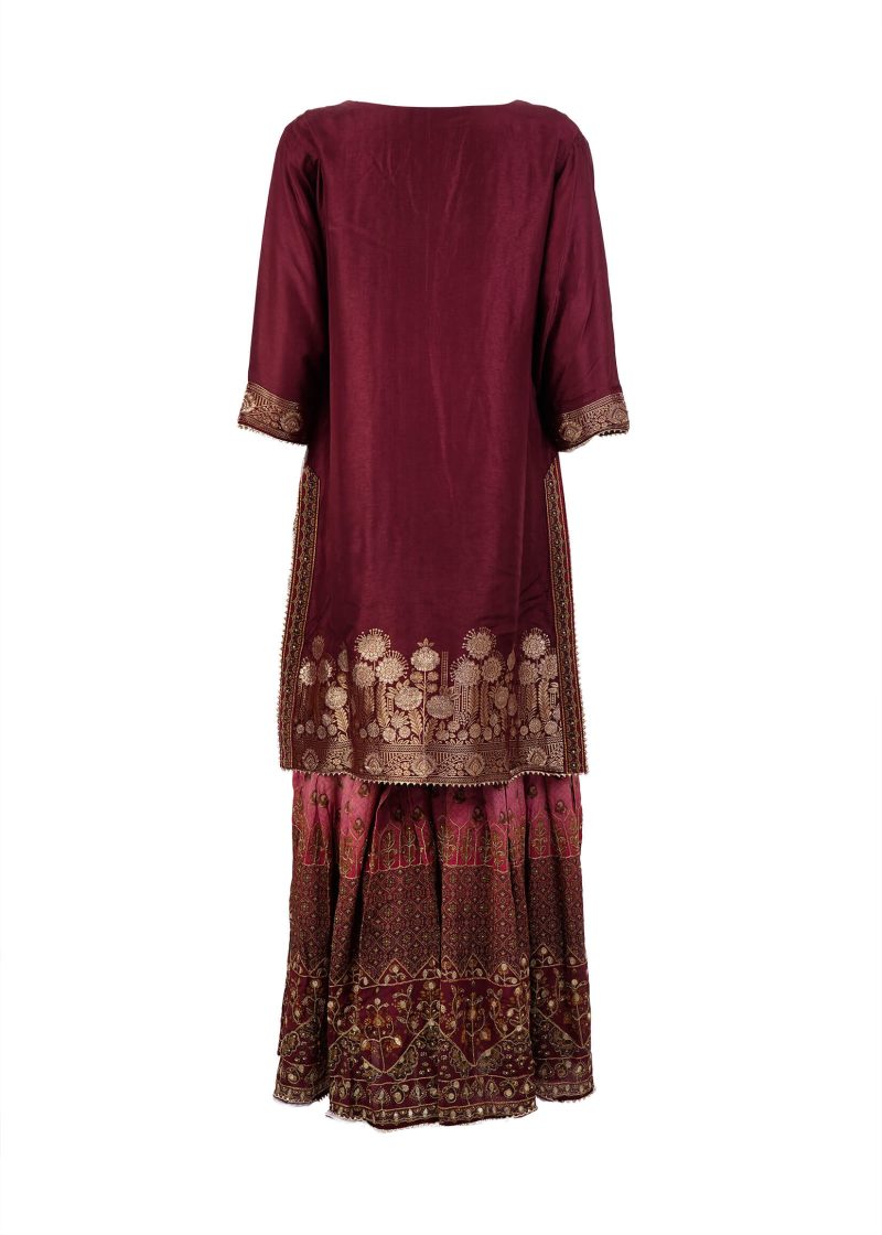 Indo Western | Maroon | Stitched | Party Wear | Garara Kurti Set | 3 Pc Set