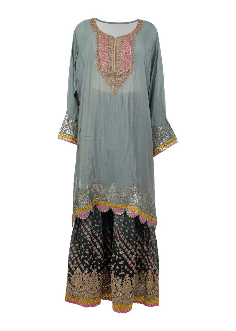 Indo Western | Grey | Semi Stitched | Party Wear | Garara Kurti Set | 3 Pc Set