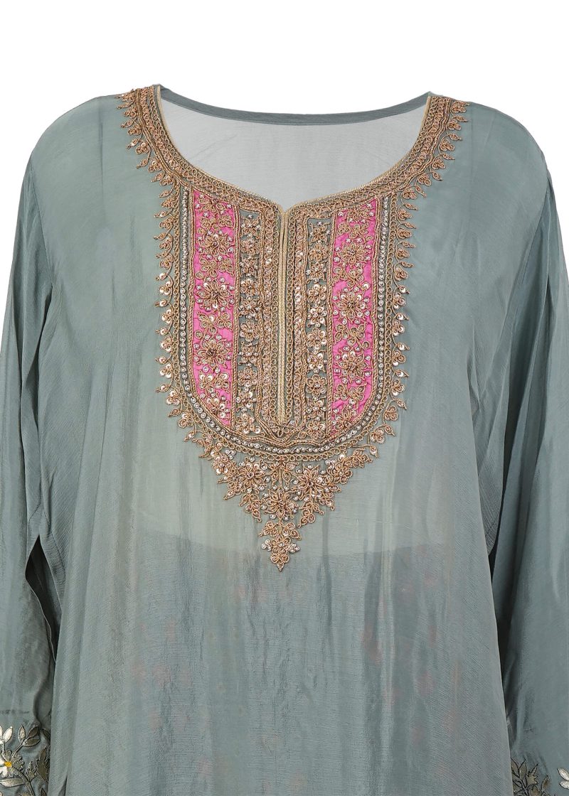 Indo Western | Grey | Semi Stitched | Party Wear | Garara Kurti Set | 3 Pc Set