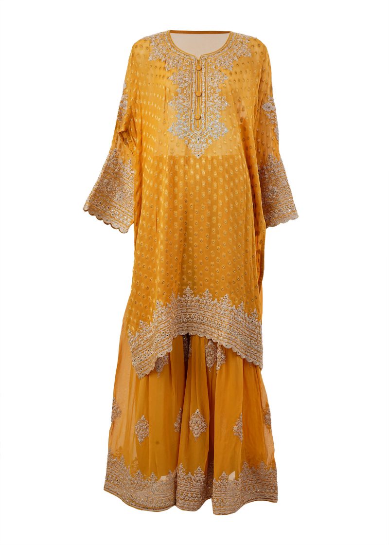 Indo Western | Mustard | Semi Stitched | Party Wear | Garara Kurti Set | 3 Pc Set