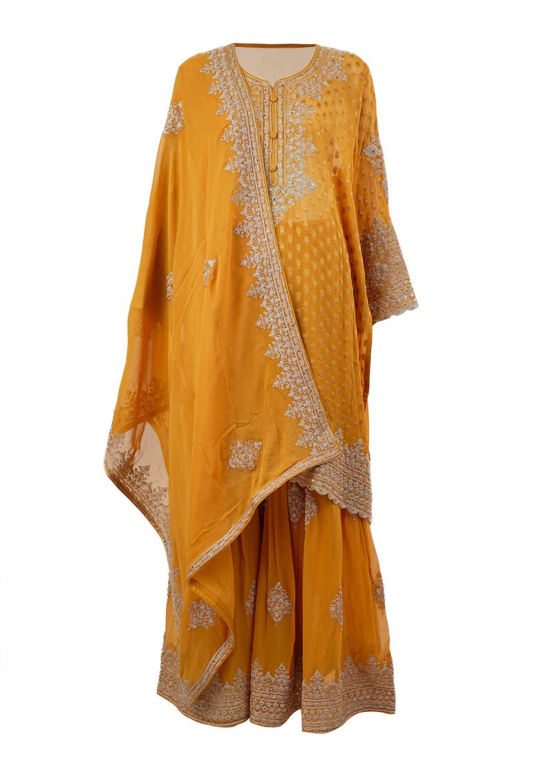 Indo Western | Mustard | Semi Stitched | Party Wear | Garara Kurti Set | 3 Pc Set