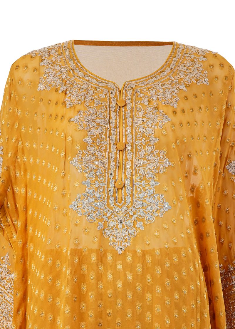 Indo Western | Mustard | Semi Stitched | Party Wear | Garara Kurti Set | 3 Pc Set