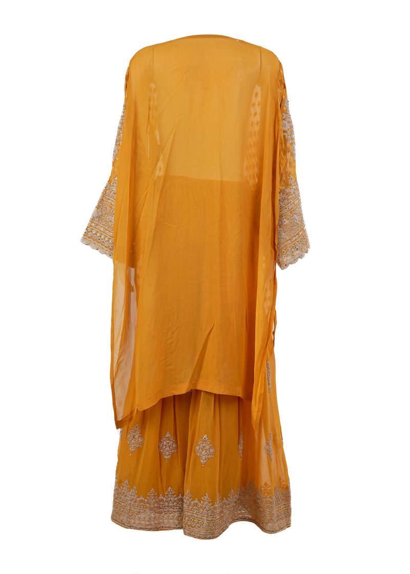 Indo Western | Mustard | Semi Stitched | Party Wear | Garara Kurti Set | 3 Pc Set