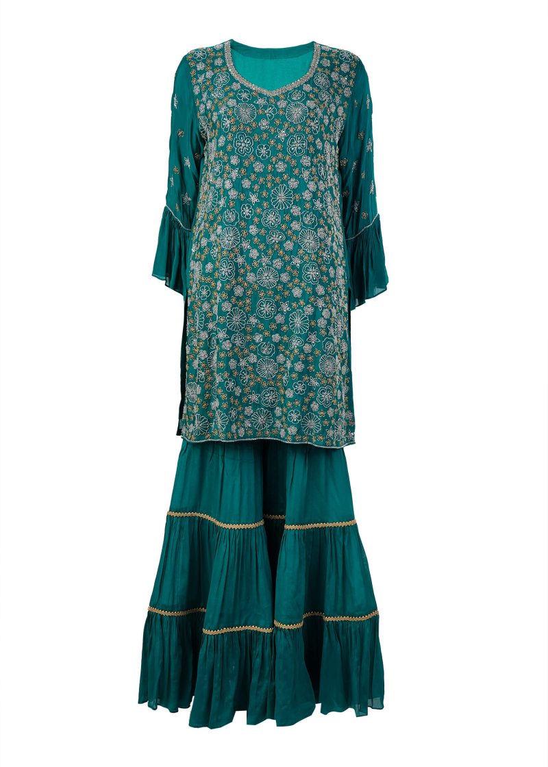 INDO WESTERN | Teal Green | Stitched | Party Wear | Garara Kurti Set | 3 Pc Set