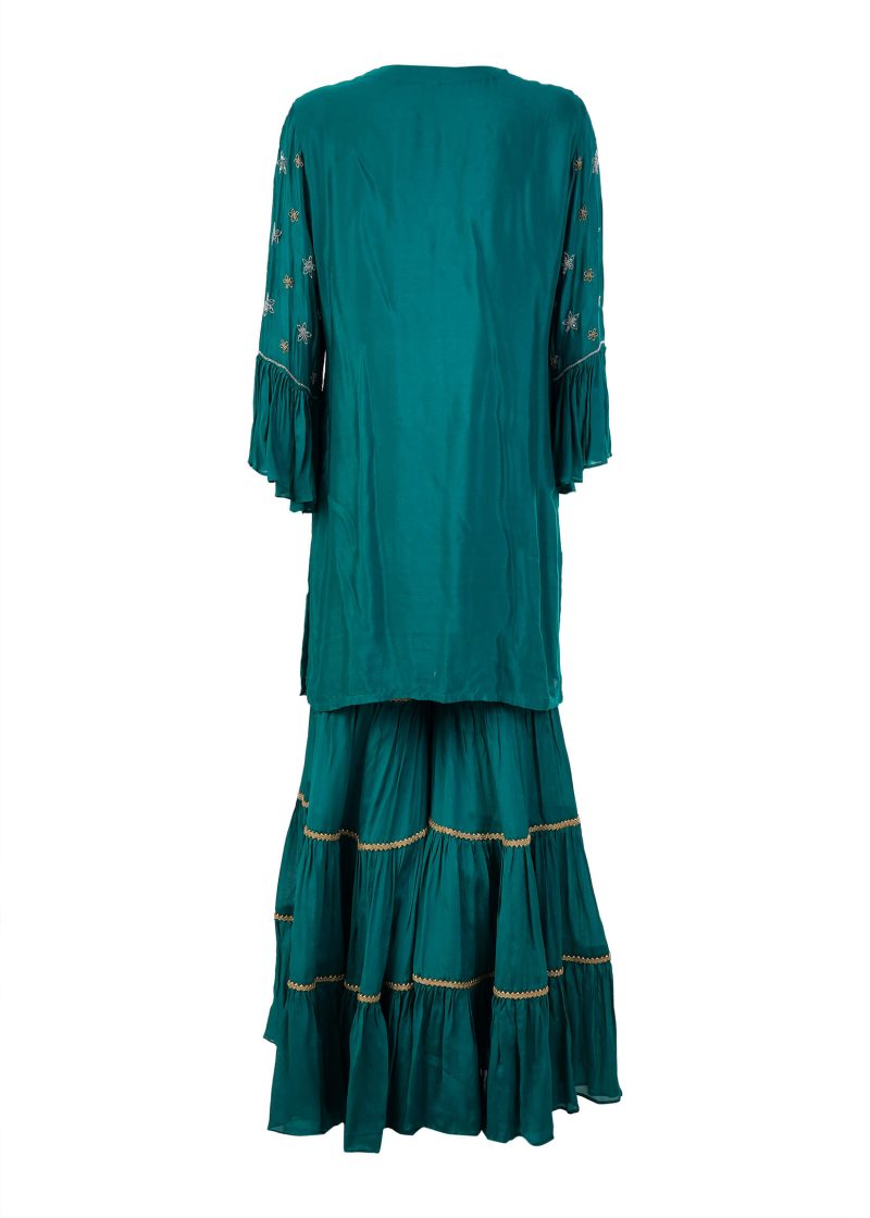 INDO WESTERN | Teal Green | Stitched | Party Wear | Garara Kurti Set | 3 Pc Set