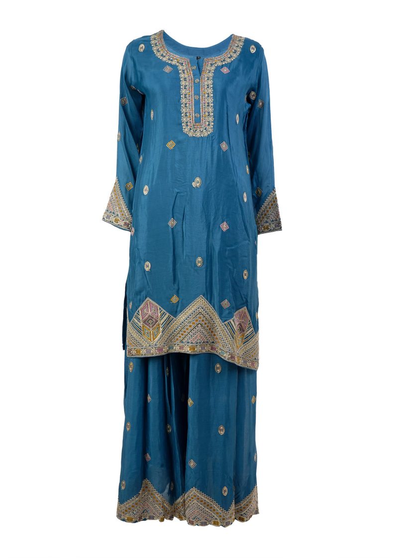 Indo Western | Blue | Stitched | Semi Party Wear | Sharara Set | 3 Pc Set