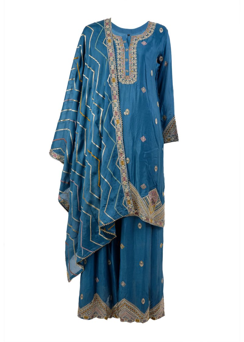 Indo Western | Blue | Stitched | Semi Party Wear | Sharara Set | 3 Pc Set