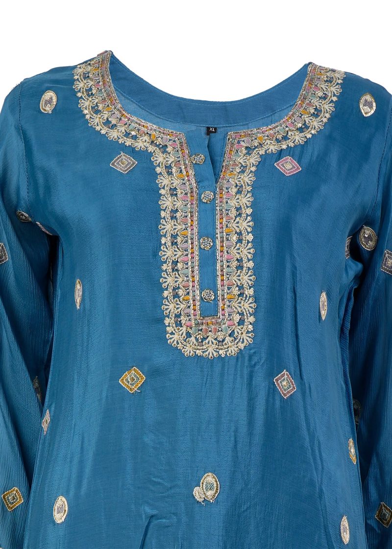 Indo Western | Blue | Stitched | Semi Party Wear | Sharara Set | 3 Pc Set