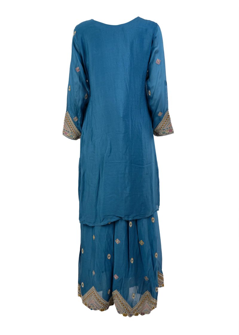 Indo Western | Blue | Stitched | Semi Party Wear | Sharara Set | 3 Pc Set