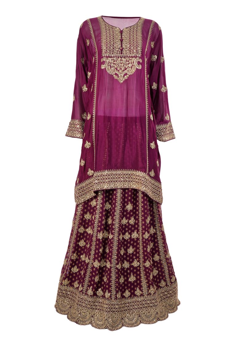 INDO WESTERN | Burgundy | Semi Stitched | Party Wear | Garara Kurti Set | 3 Pc Set