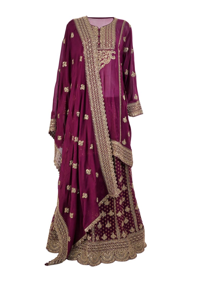 INDO WESTERN | Burgundy | Semi Stitched | Party Wear | Garara Kurti Set | 3 Pc Set