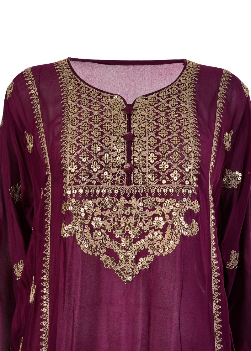 INDO WESTERN | Burgundy | Semi Stitched | Party Wear | Garara Kurti Set | 3 Pc Set