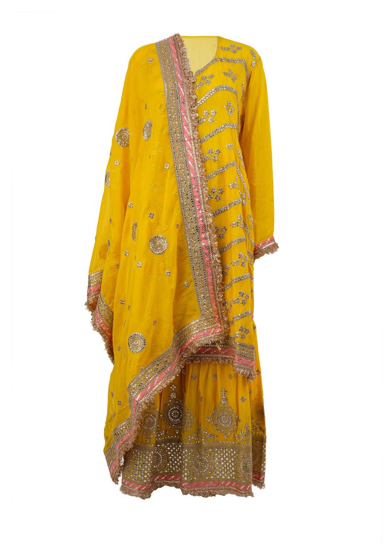 INDO WESTERN | Yellow | Semi Stitched | Party Wear | Gown Set | 3 Pc Set